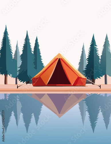 A vibrant orange tent is pitched beside a calm body of water, reflecting the surrounding evergreen trees and a pale sky in a stylized, minimalist illustration.