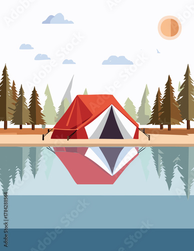 A red camping tent pitched by a tranquil lake, reflecting the surrounding pine forest and mountains.