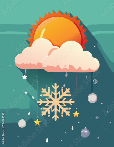 A sunny day with clouds, snowflakes, and decorative ornaments.