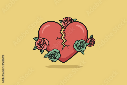 Broken Heart with Roses Cartoon Vector Illustration.