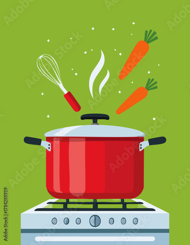 A vibrant illustration depicting a red cooking pot on a stovetop with steam rising, accompanied by a whisk and carrots, suggesting the preparation of a healthy meal.