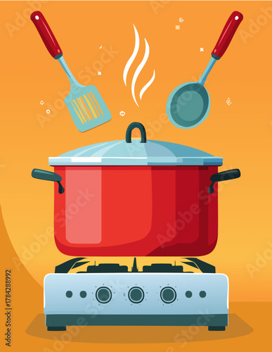 A vibrant cartoon illustration of a red pot cooking on a gas stove, with a ladle and spatula floating above.