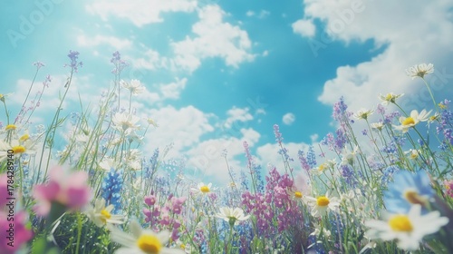 Fototapeta Naklejka Na Ścianę i Meble -  Vibrant wildflower meadow under a sunny, cloud-dotted cerulean sky landscape