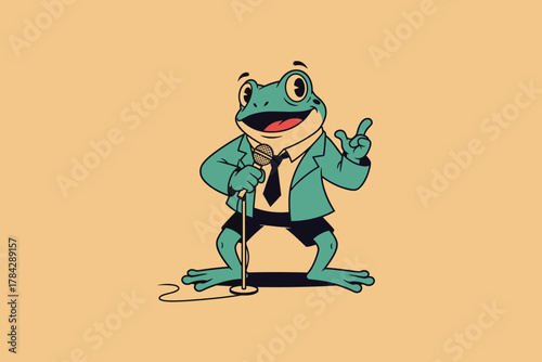 Cartoon Frog in Suit Holding Microphone Performing Stand Up.