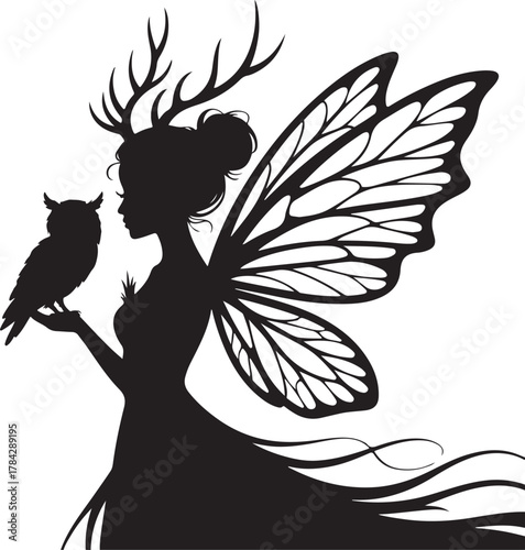 Enchanting fairy with antlers and owl silhouette
