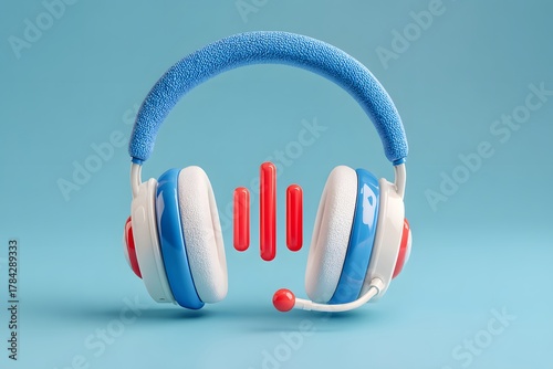Blue and white headphones with a microphone on a light blue seamless background