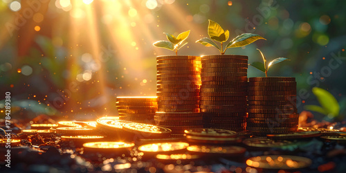 Growing Investments Coins with Sprouts Representing Financial Growth and Success with Sunlit Background