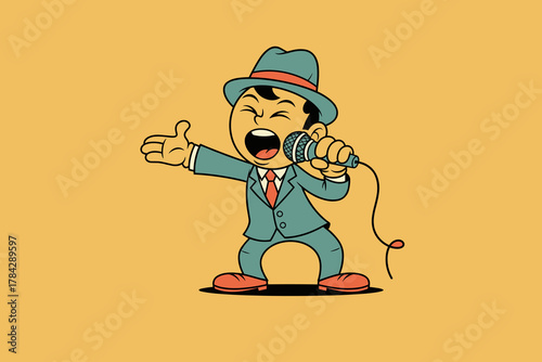 Cartoon man in suit and fedora singing into a microphone with pa