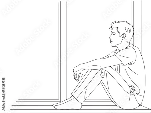 Solitary figure sits by a window in a sketch