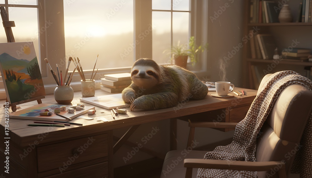 Naklejka premium A serene scene featuring a sloth relaxing on a wooden desk, surrounded by painting supplies and a steaming cup. Sunlight streams through the window