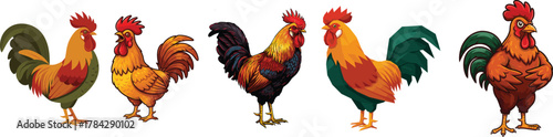 Set of Colorful Rooster Chicken Farm Bird Vector Illustration Art