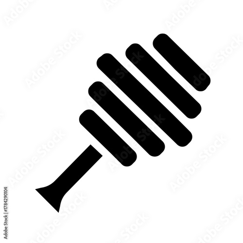 Minimal black silhouette of honey dipper stick with grooved head. Natural sweetener symbol related to honey, beekeeping, organic food, and dessert themes.