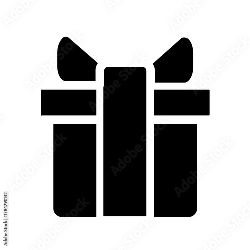 Simple black present box silhouette with ribbon and bow. Festive symbol for holidays, celebrations, online stores, and gift-giving themes.