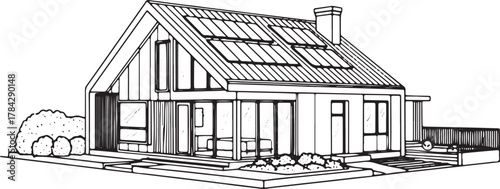 Rustic wooden cabin with porch and chimney sketch