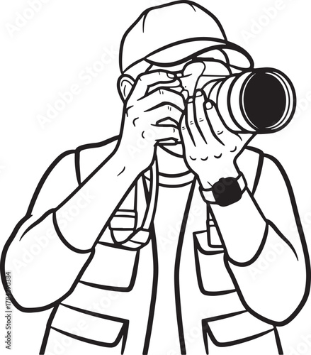 Person wearing vest and hat taking photo with large camera