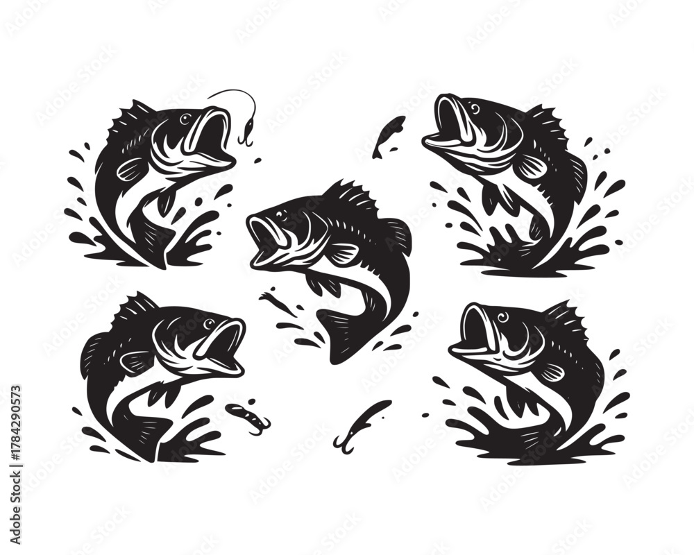 Obraz premium Dynamic Bass Fish Jumping Collection for Fishing Enthusiasts Old Nautical Illustration Pack – Vintage Fish and Sea Life Art