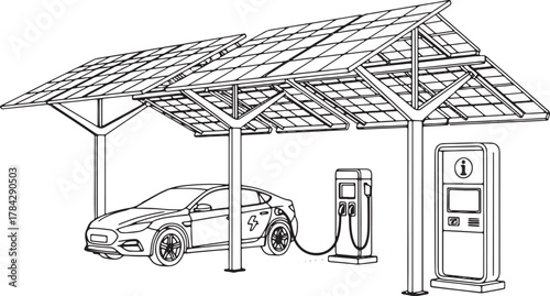 Sketch of an electric car charging station under a rustic shelter