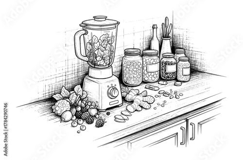 Hand-Drawn Kitchen Blender Scene in Line Art. Vector Illustration for Wellness and Nutrition.