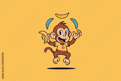 Playful Monkey Juggling Bananas Cartoon Illustration.