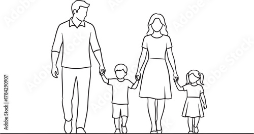 Simple line drawing of a happy family of four