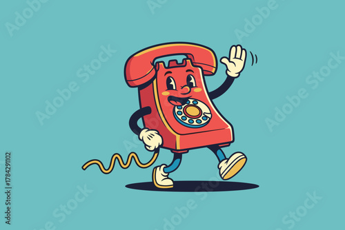 Retro Red Rotary Phone Character Waving Hello.