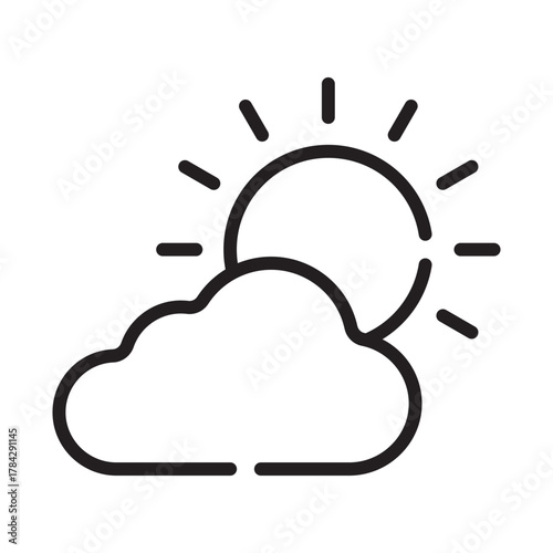A line drawing of a sun partly obscured by a cloud with rays emanating from the sun