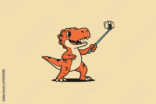 Happy orange T-Rex dinosaur taking a selfie with a selfie stick.