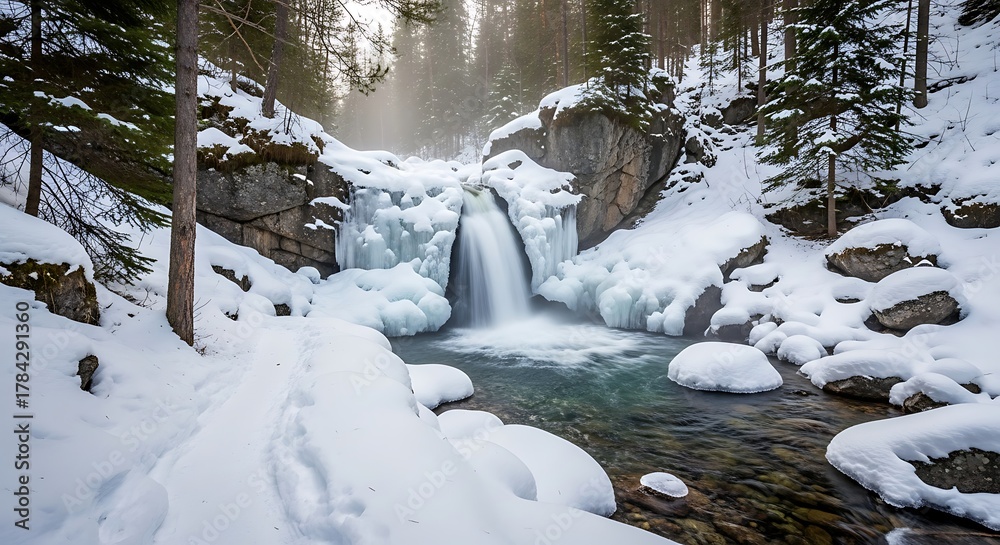 Fototapeta premium Stunning Winter Waterfall Scene with Snow and Ice Formations.