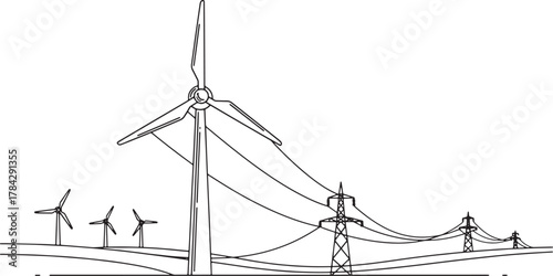 Sketch of wind turbines and power lines in a landscape
