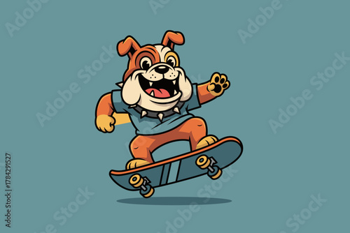 Cartoon Bulldog Skater with Spiked Collar and Blue Shirt.