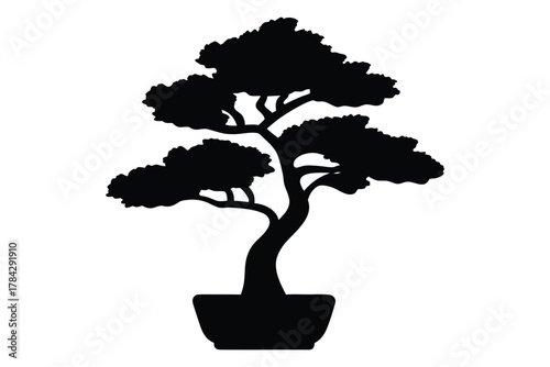 Black bonsai tree silhouette,  Bonsai tree vector illustration