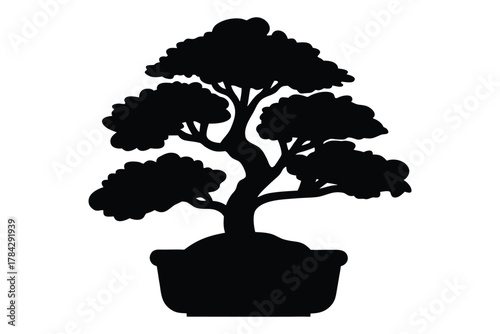 Black bonsai tree silhouette,  Bonsai tree vector illustration