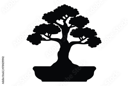 Black bonsai tree silhouette,  Bonsai tree vector illustration