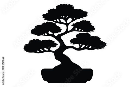 Black bonsai tree silhouette,  Bonsai tree vector illustration