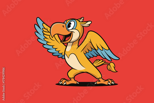 Cute Cartoon Griffin Character Waving Happy Illustration.