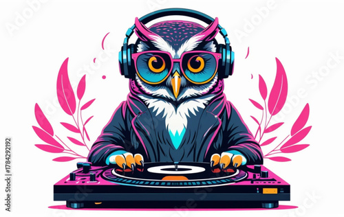 Owl DJ Mixing Music on Turntable with Headphones in Neon Colors