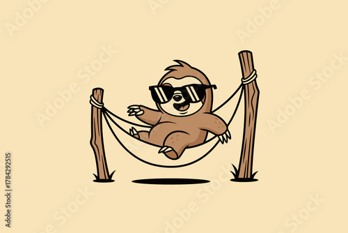 Cool Sloth Relaxing in Hammock with Sunglasses Cartoon Illustrat