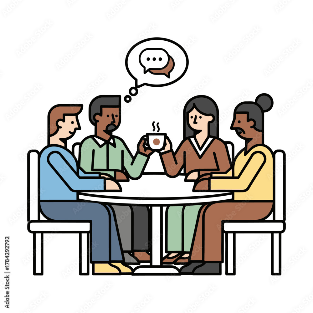Fototapeta premium Illustration of four people sitting around a table, sharing a conversation and a cup of coffee.