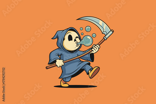 Cute Grim Reaper Blowing Bubbles with Scythe Cartoon.