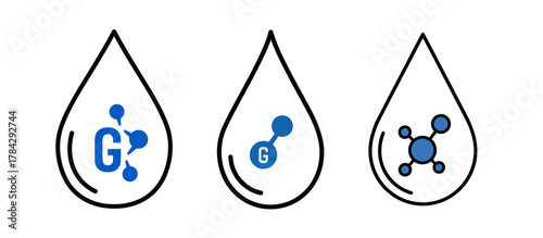 A set of three icons depicting different blue molecular structures contained within black-outlined liquid droplets.