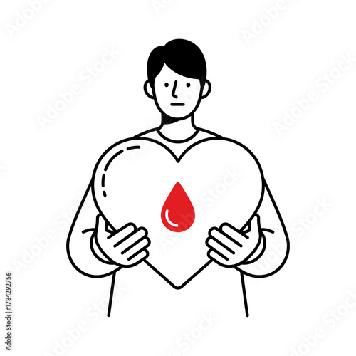 A man holds a large heart with a red blood drop in the center, symbolizing blood donation.