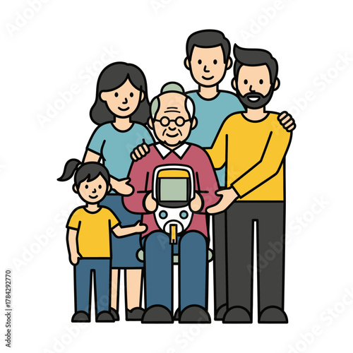 Multi-generational family portrait with an elderly person in a mobility device surrounded by supportive relatives.