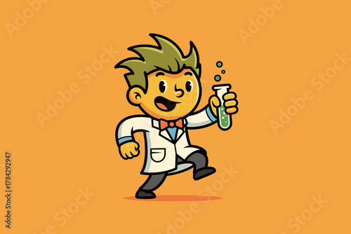 Happy Cartoon Scientist Character Holding a Test Tube with Bubbl
