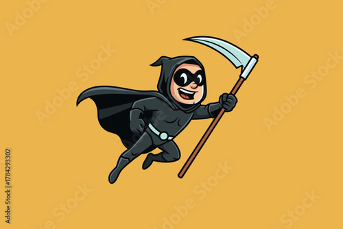 Cartoon Grim Reaper Superhero Flying with Scythe.