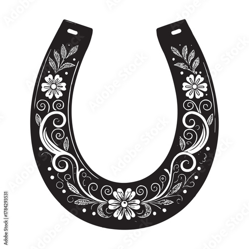 Decorative Horseshoe Vector with Floral Ornament – Black and White Lucky Charm Illustration