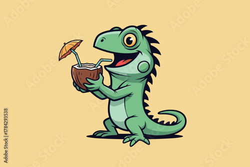Happy Green Iguana Enjoying a Refreshing Coconut Drink with Umbr