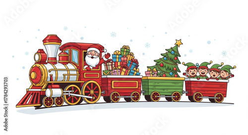 Santa Claus driving Christmas train with gifts and elves – festive illustration