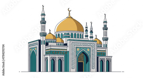 Beautiful mosque illustration with golden domes and minarets – Islamic architecture