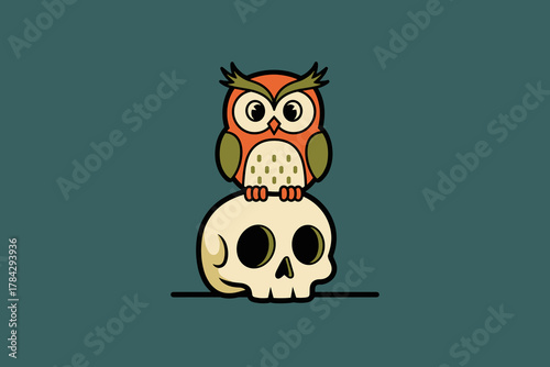 Cute Cartoon Owl Perched on a Human Skull Illustration.