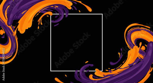 Modern abstract background for a basketball social media post. Dynamic liquid swirls and splashes in neon orange and deep purple. 1:1 square aspect ratio. Minimalist vector art, bold shapes.